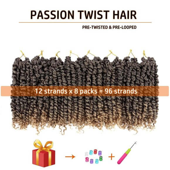 New Passion Twist Crochet Hair 10" Pre-Twisted Braids for Women (8 Packs 1B/27) - Picture 2 of 8